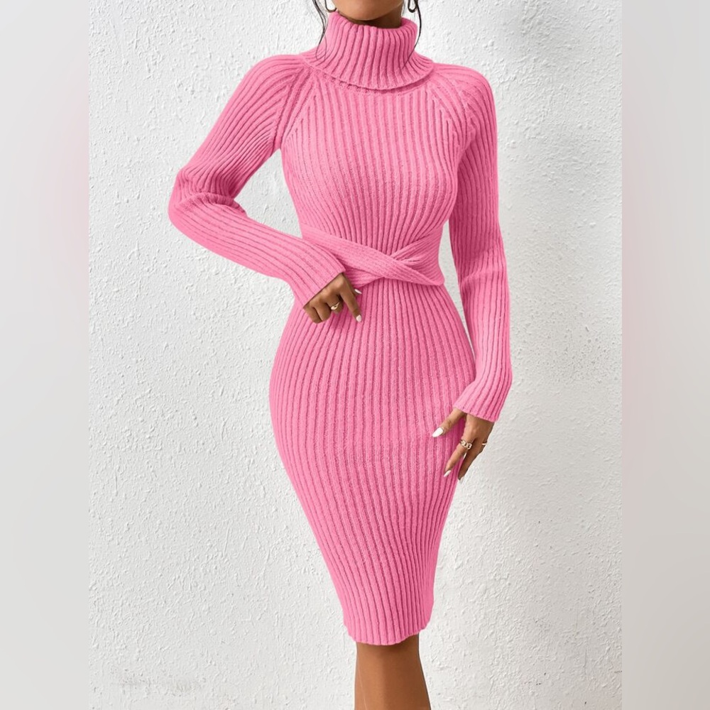 Pink Ribbed Turtleneck Sweater Dress